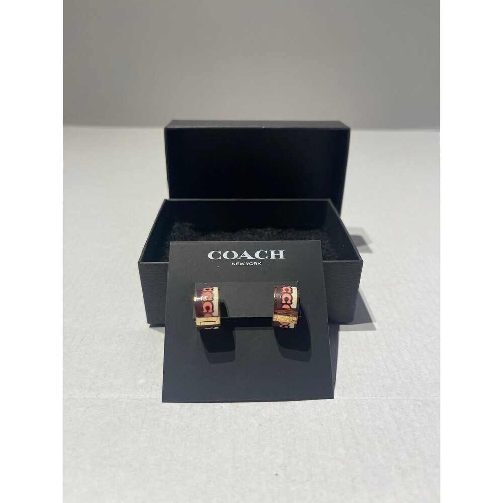 Coach Signature C Huggie Earrings - Pink, Burgundy New - Picture 2 of 5